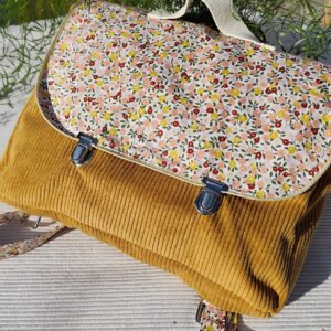 Cartable maternelle Velours côtelé jaune et liberty