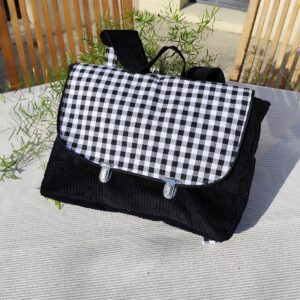 Cartable maternelle Velours côtelé noir et vichy noir