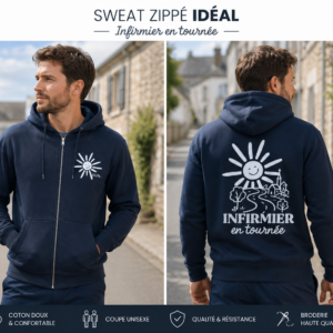 Sweat à capuche Zippé avec poche marine INFIRMIER, IDEAL.