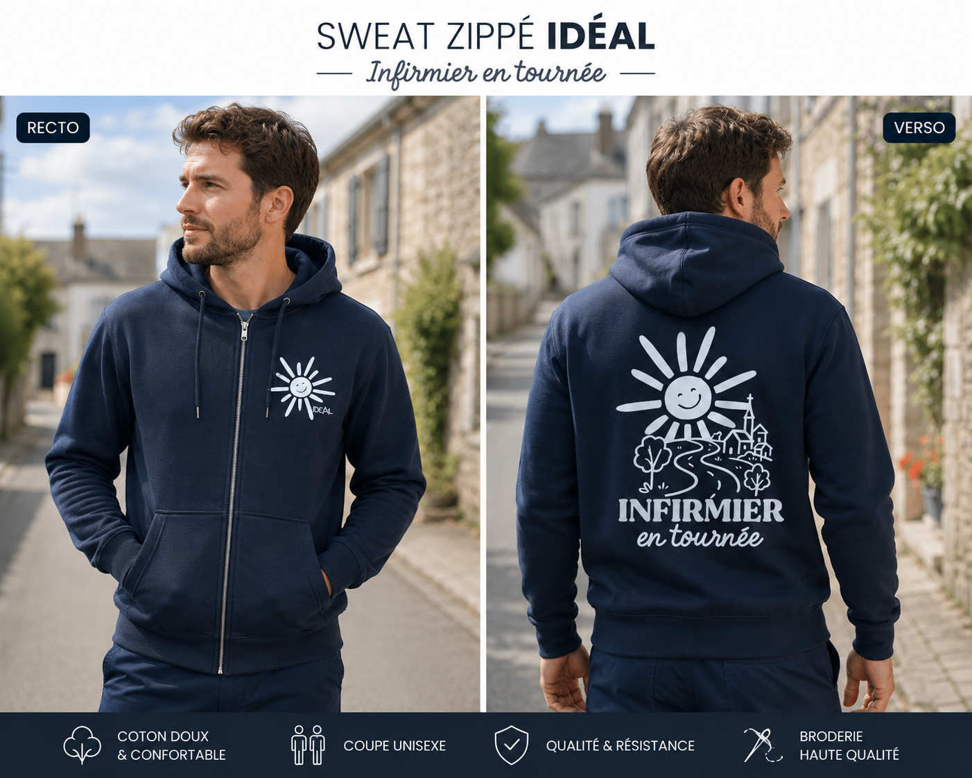 Sweat à capuche Zippé avec poche marine INFIRMIER, IDEAL.