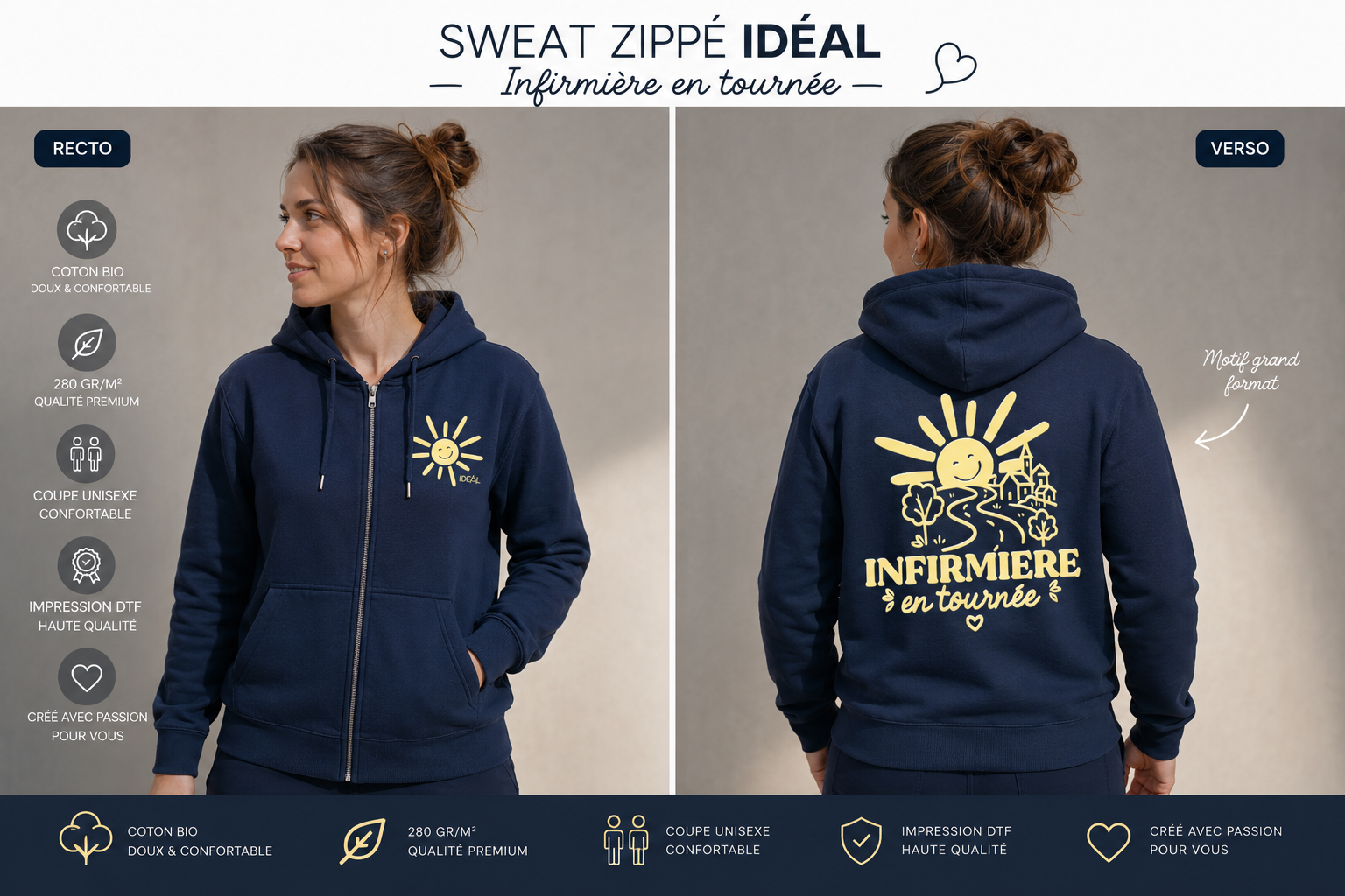 Sweat à capuche Zippé avec poche marine IDEAL - – Image 2
