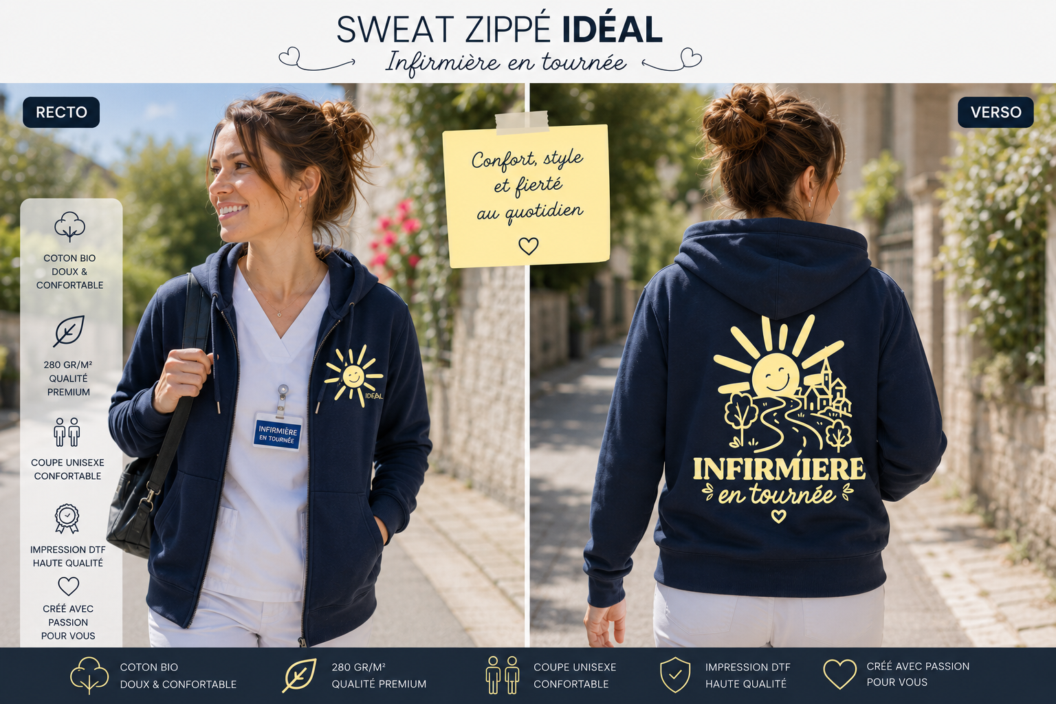 Sweat à capuche Zippé avec poche marine IDEAL -